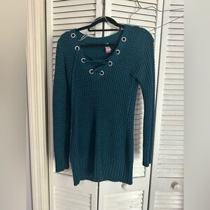 No Boundaries Teal Sweater with Silver Eyelets